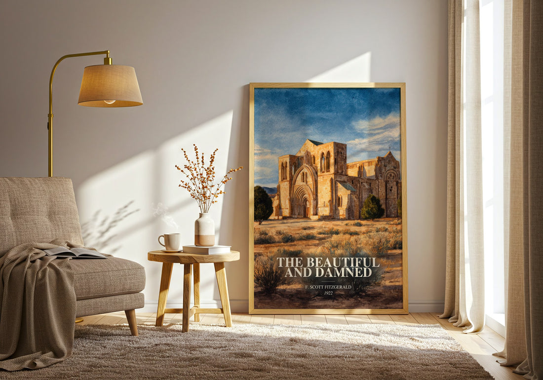 The Beautiful And Damned watercolour print in frame leaning in hallway – literary fiction wall art (mockup)