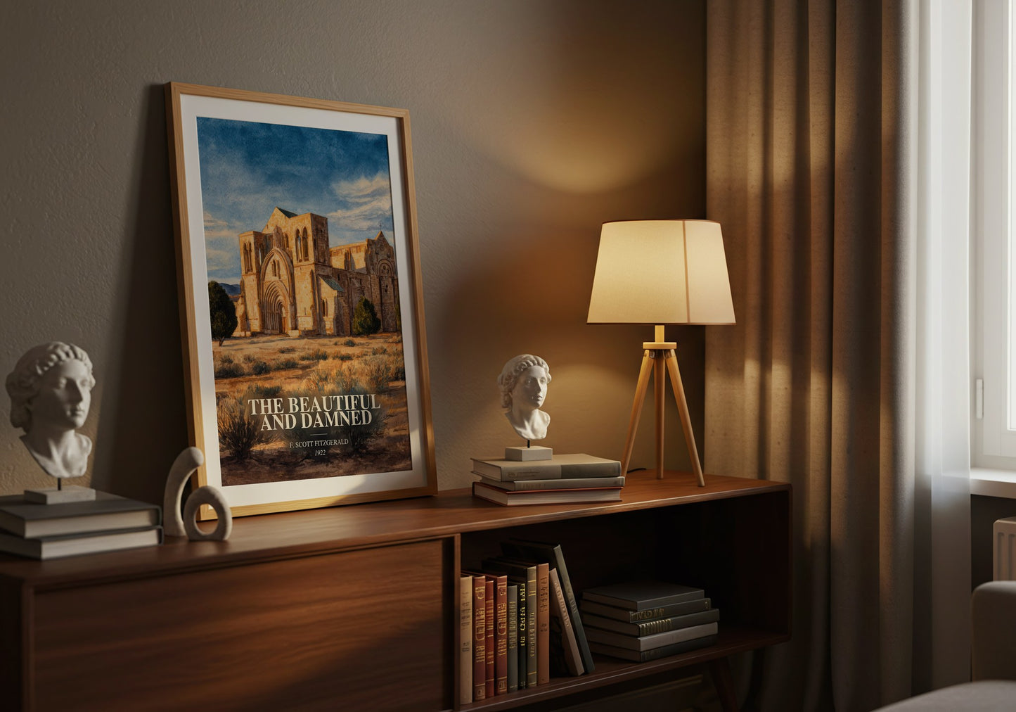 The Beautiful And Damned watercolour print on bookshelf – F. Scott Fitzgerald fan gift