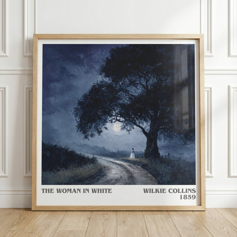 The Woman In White literary print in frame leaning in hallway – gothic wall art