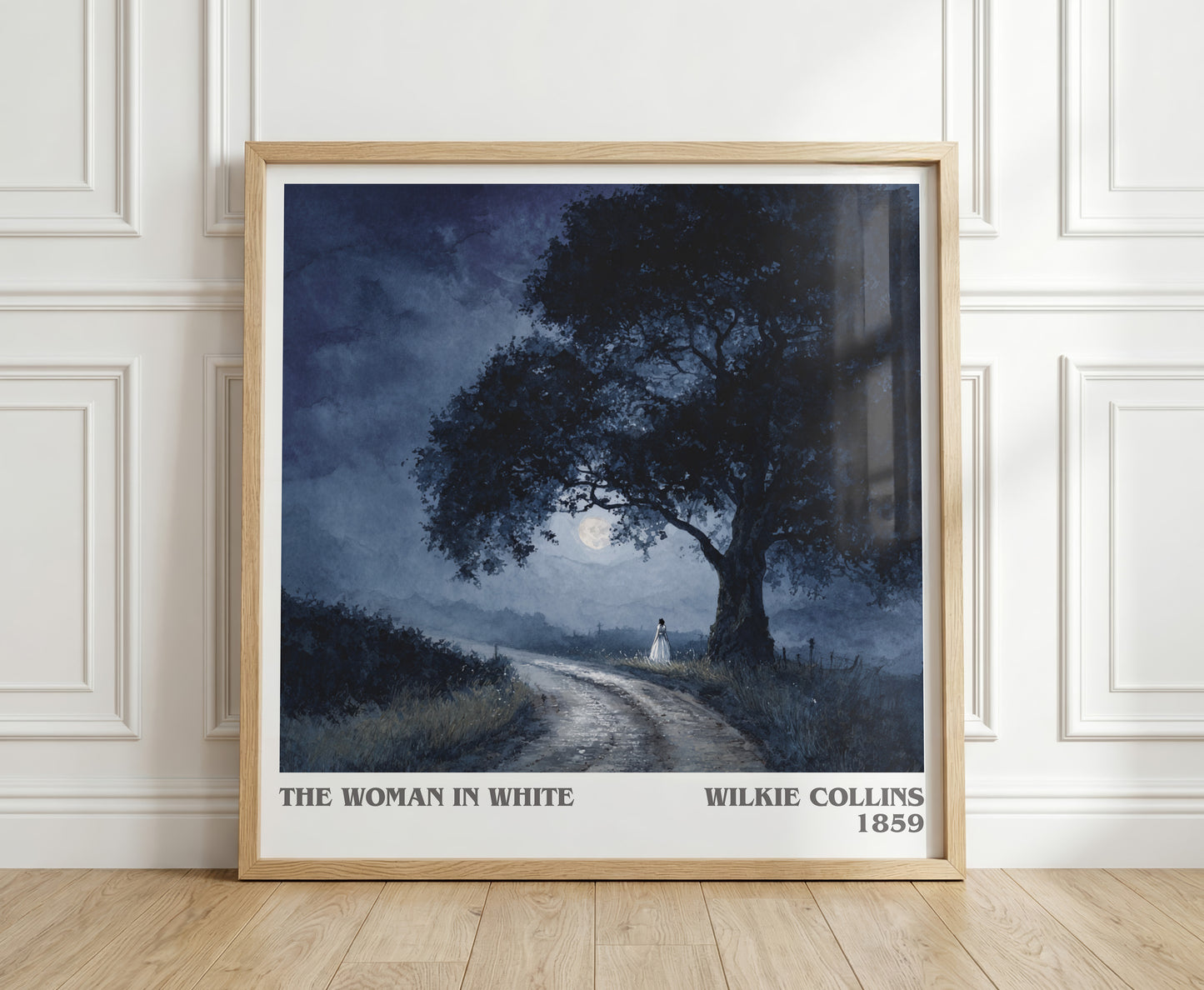 The Woman In White literary print in frame leaning in hallway – gothic wall art