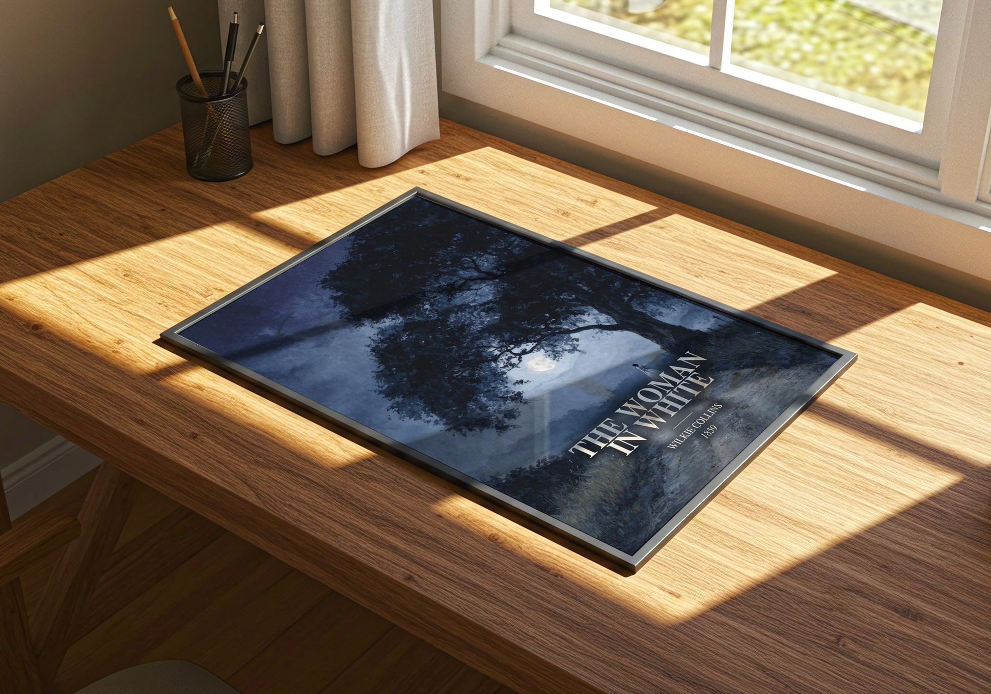 The Woman In White watercolour book poster framed on wall – mystery wall art