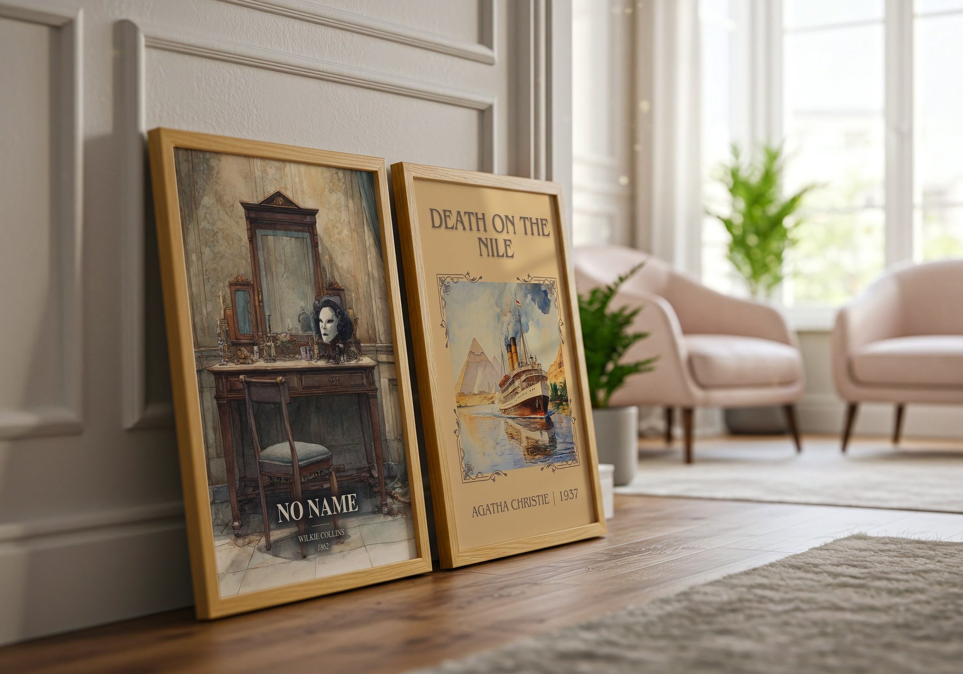 No Name watercolour print framed by window – literary home decor