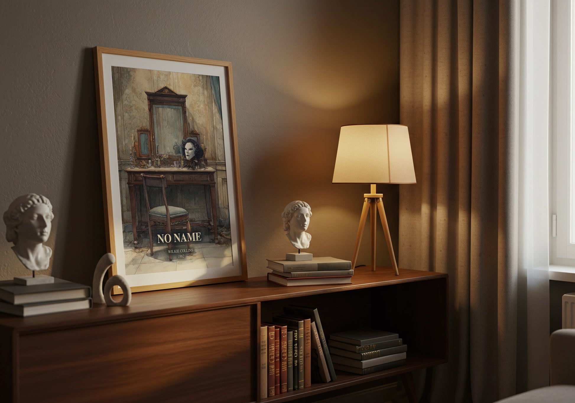 No Name watercolour print on bookshelf – Wilkie Collins fan gift