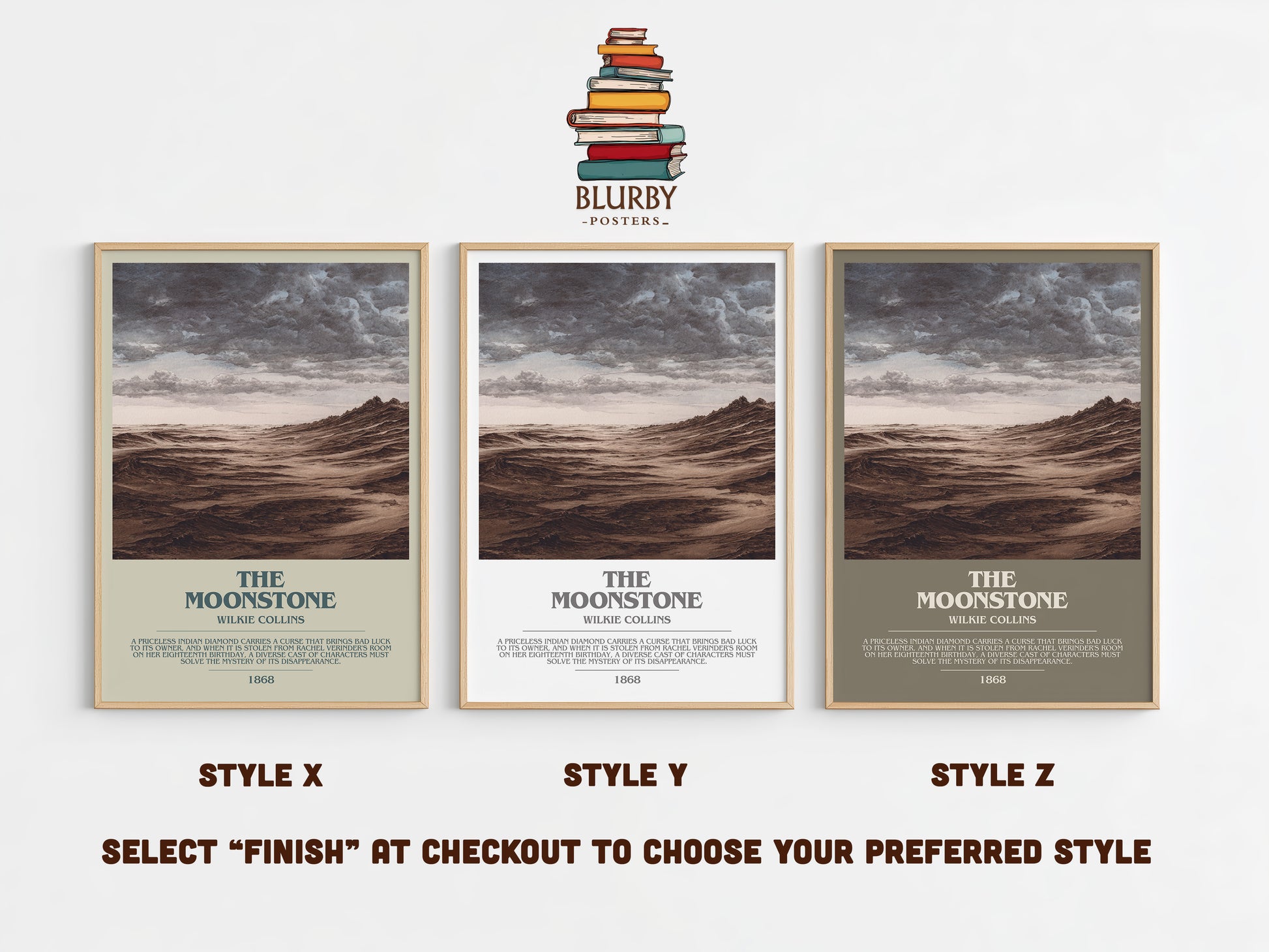 The Moonstone bookish print in frame leaning in hallway – mystery wall art