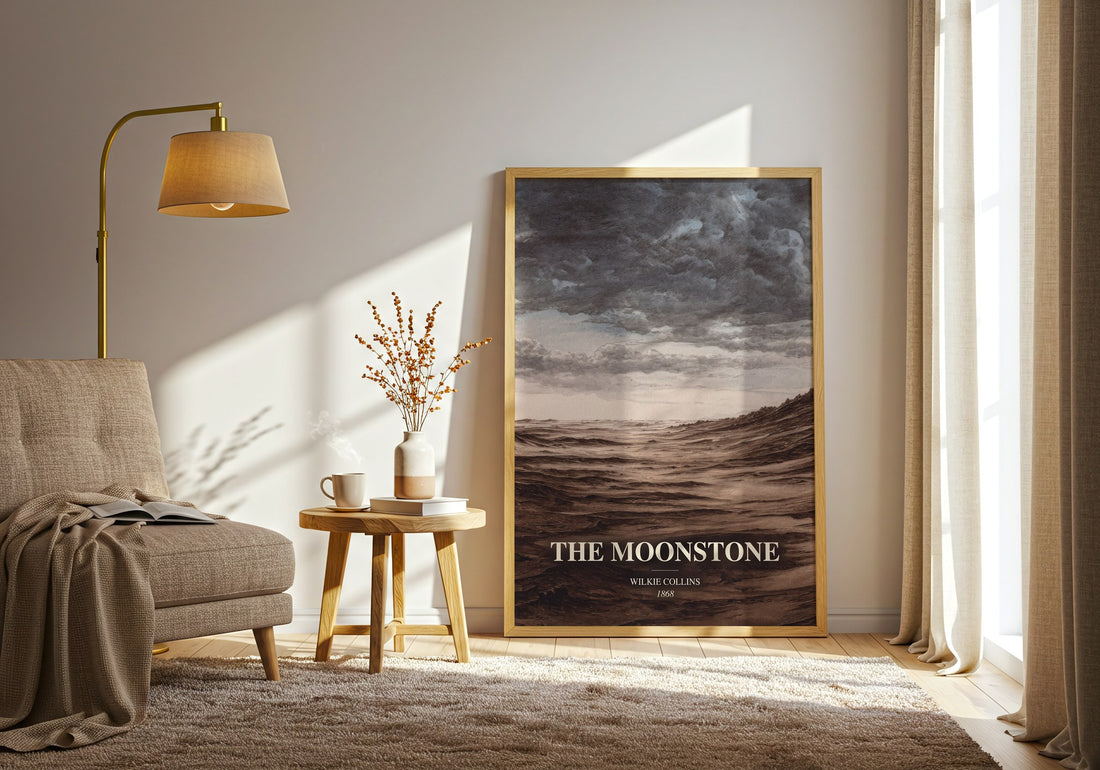 The Moonstone watercolour print in frame leaning in hallway – mystery wall art (mockup)