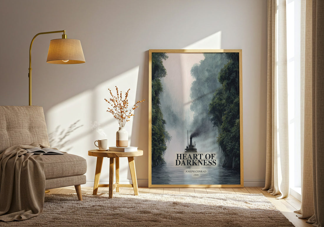 Heart Of Darkness watercolour print in frame leaning in hallway – classic literature wall art (mockup)