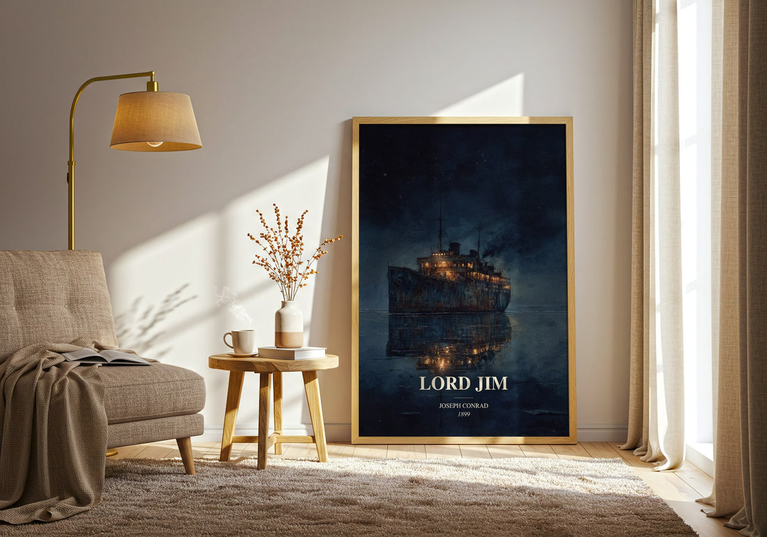 Lord Jim watercolour print in frame leaning in hallway – classic literature wall art (mockup)