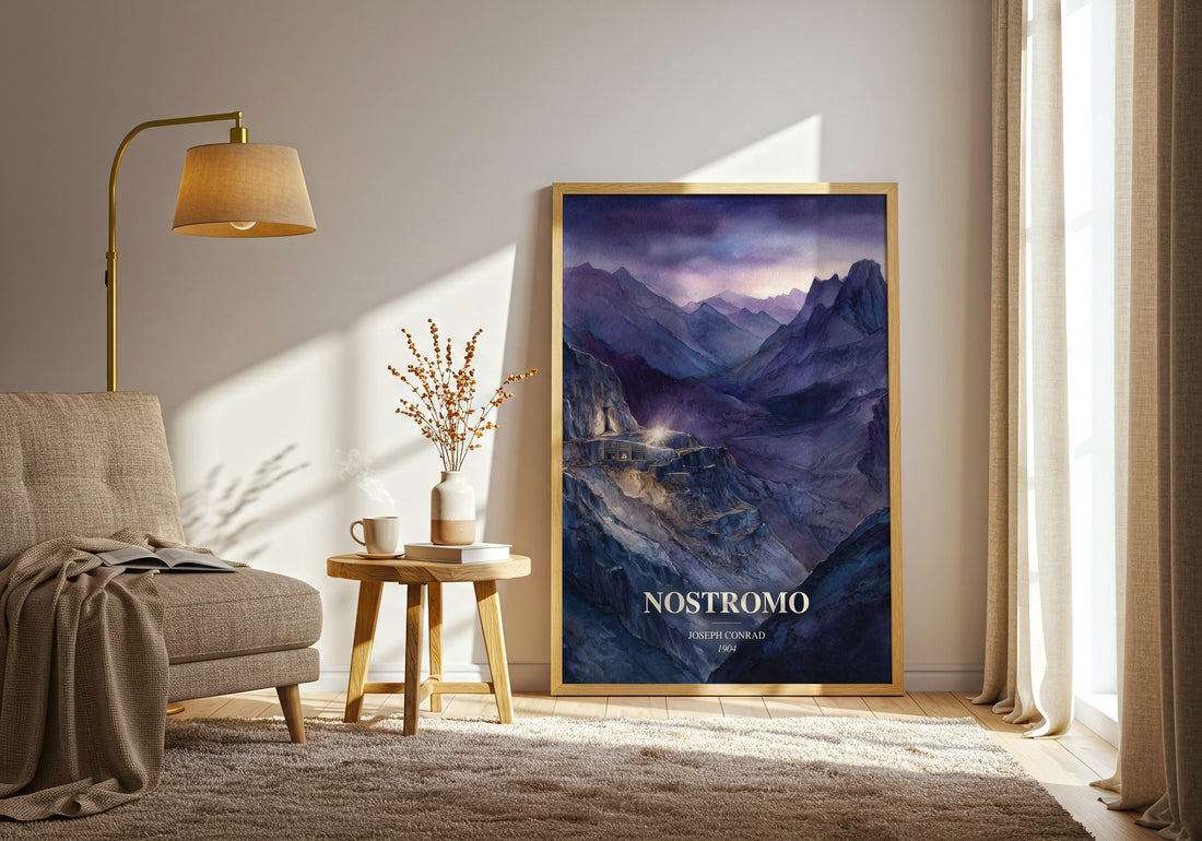 Nostromo watercolour print in frame leaning in hallway – classic literature wall art (mockup)