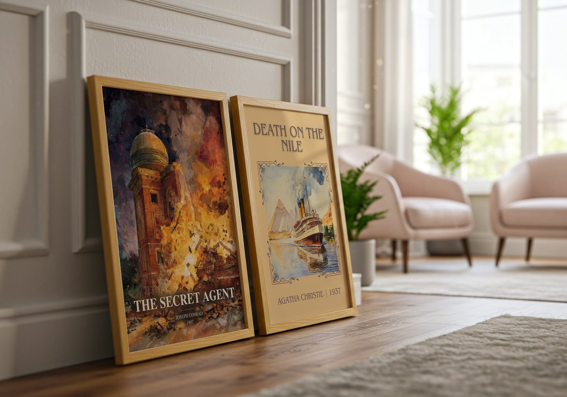 The Secret Agent watercolour print framed by window – literary home decor