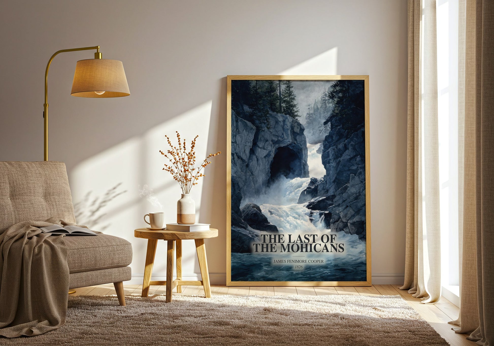 The Last Of The Mohicans watercolour print in frame leaning in hallway – historical fiction wall art