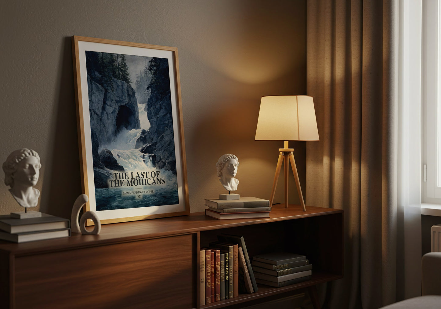 The Last Of The Mohicans watercolour print on bookshelf – James Fenimore Cooper fan gift
