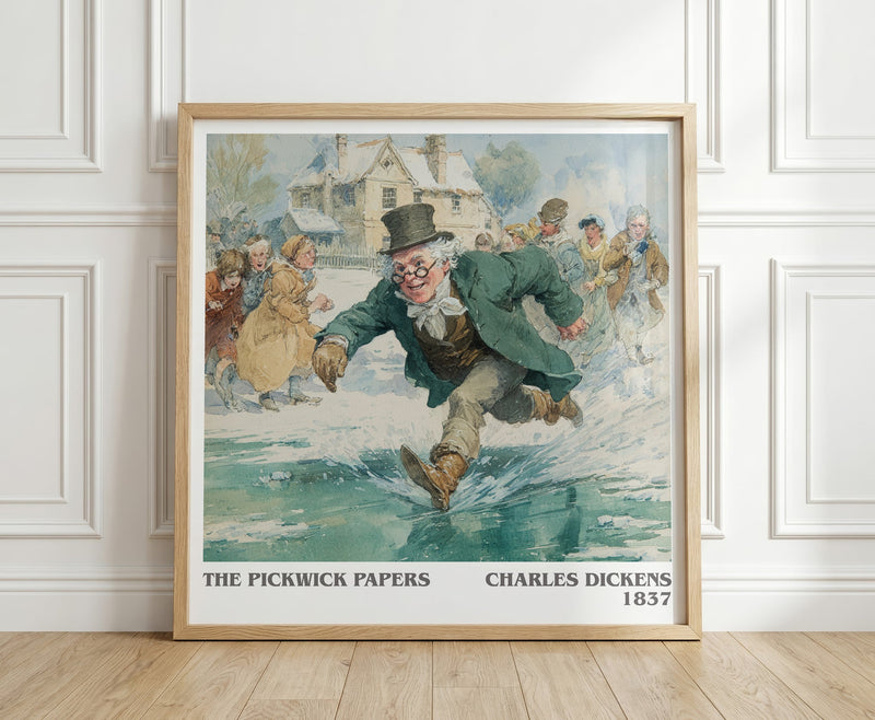The Pickwick Papers literary print in frame leaning in hallway – classic literature wall art