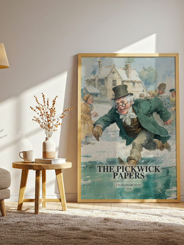 The Pickwick Papers watercolour print in frame leaning in hallway – classic literature wall art