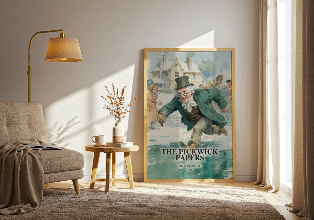 The Pickwick Papers watercolour print in frame leaning in hallway – classic literature wall art (mockup)