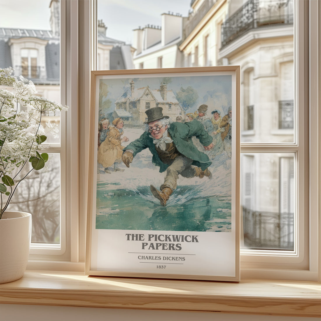 The Pickwick Papers Book Cover Poster by Charles Dickens – framed print by a bright window