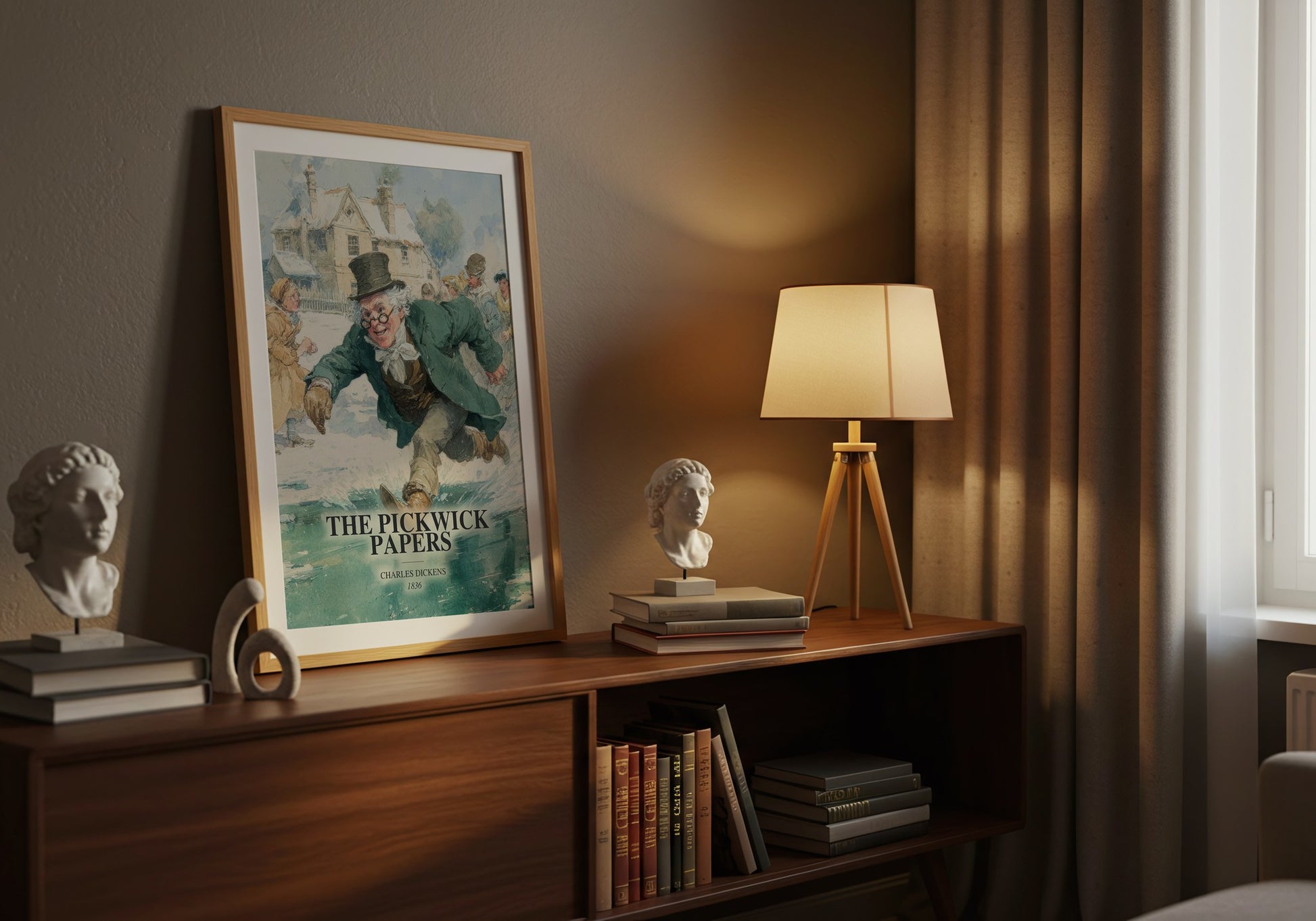 The Pickwick Papers watercolour print on bookshelf – Charles Dickens fan gift