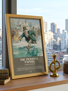 The Pickwick Papers Bookish Wall Art by Charles Dickens – framed print on a city-view windowsill