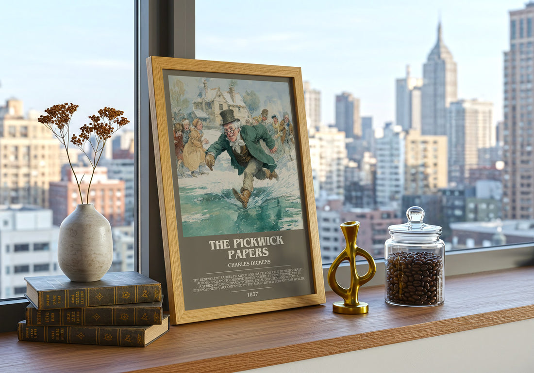 The Pickwick Papers Bookish Wall Art by Charles Dickens – framed print on a city-view windowsill