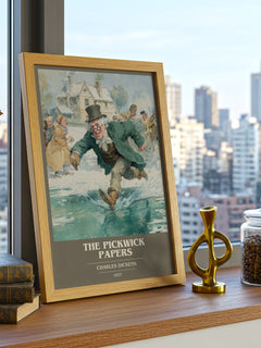 The Pickwick Papers Book Cover Poster by Charles Dickens – framed print on a city-view windowsill