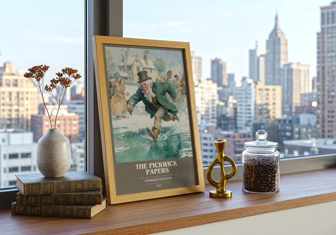 The Pickwick Papers Book Cover Poster by Charles Dickens – framed print on a city-view windowsill