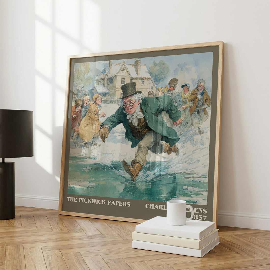 The Pickwick Papers Literary Art Print by Charles Dickens – large square framed print leaning against a wall