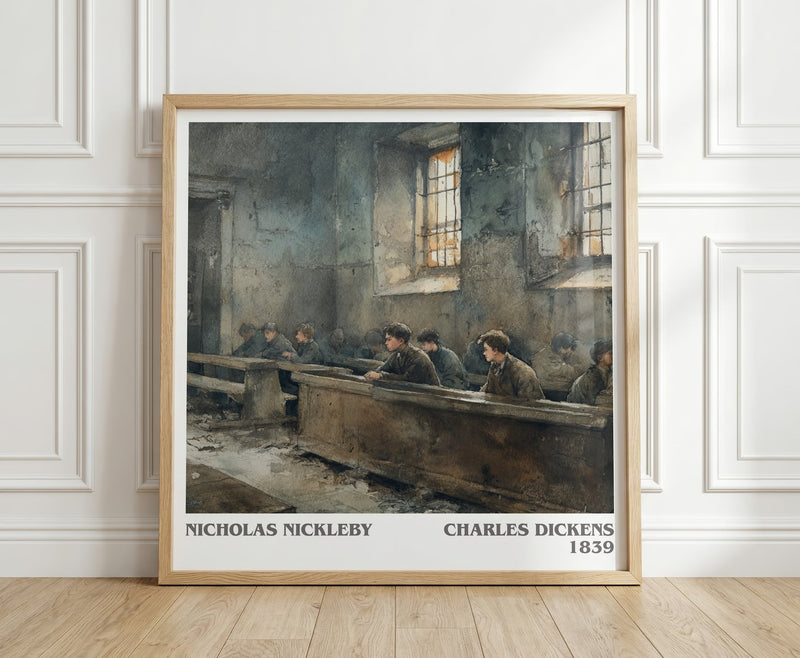 Nicholas Nickleby literary print in frame leaning in hallway – classic literature wall art