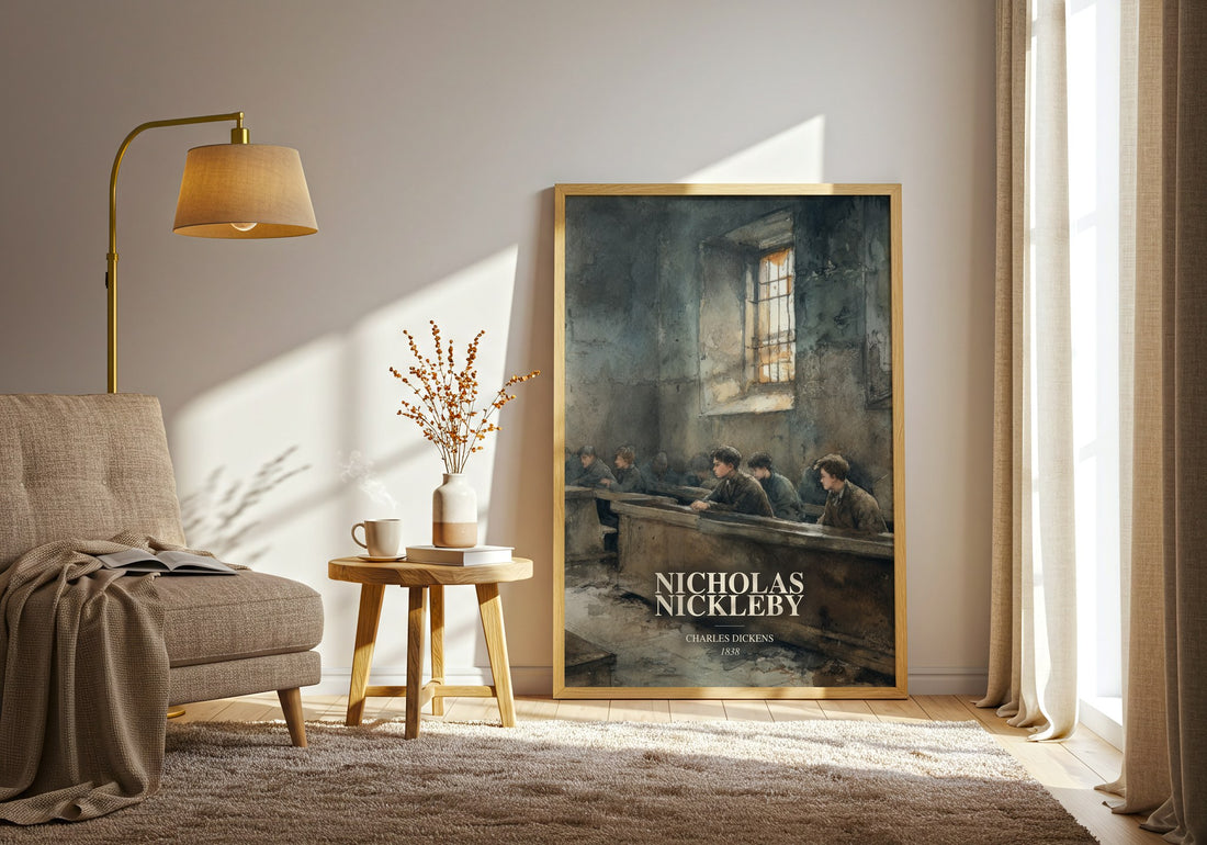 Nicholas Nickleby watercolour print in frame leaning in hallway – classic literature wall art (mockup)