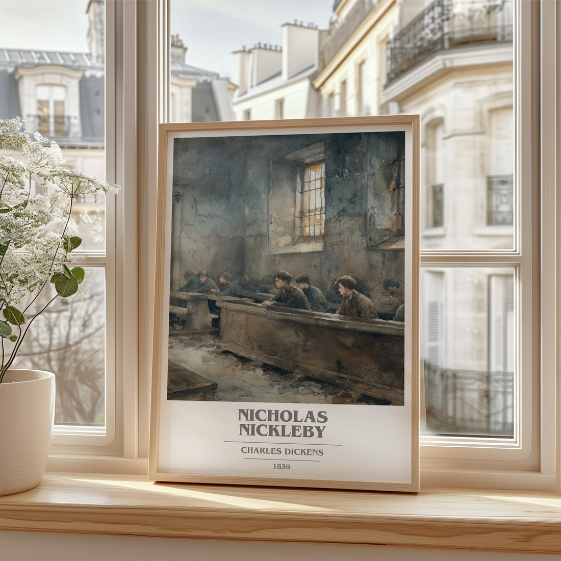 Nicholas Nickleby Book Cover Poster by Charles Dickens – framed print by a bright window