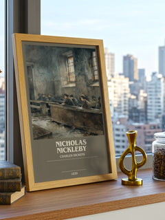 Nicholas Nickleby Bookish Wall Art by Charles Dickens – framed print on a city-view windowsill