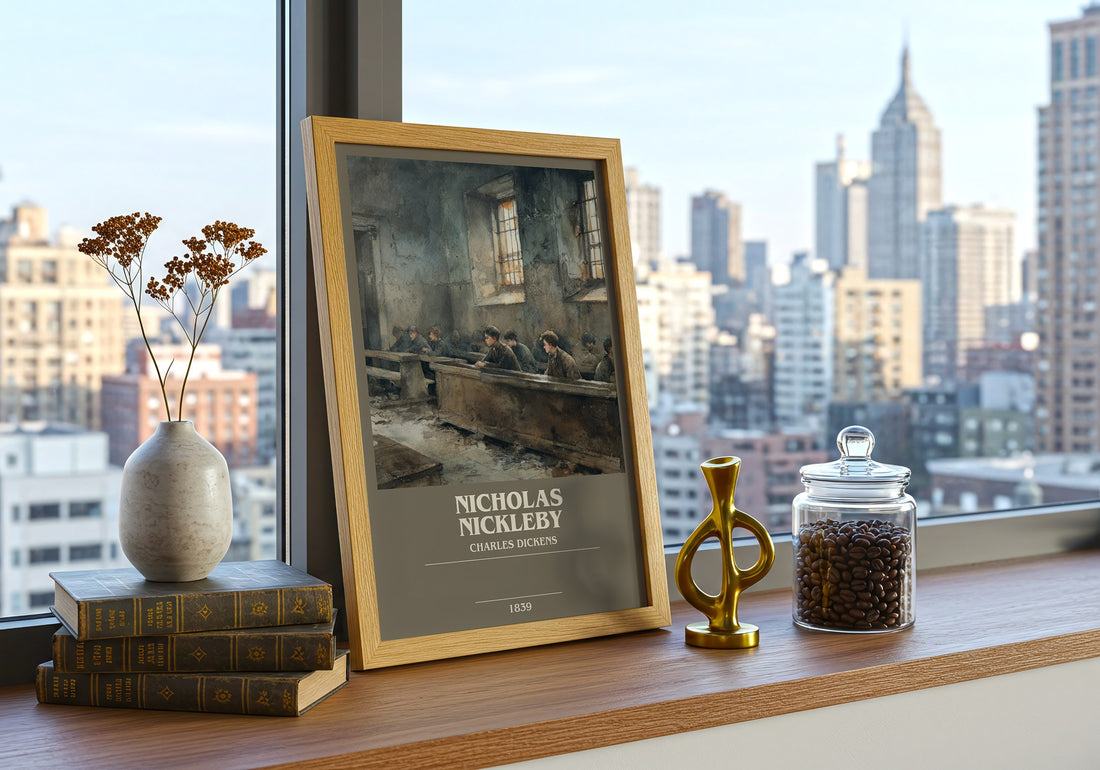 Nicholas Nickleby Bookish Wall Art by Charles Dickens – framed print on a city-view windowsill