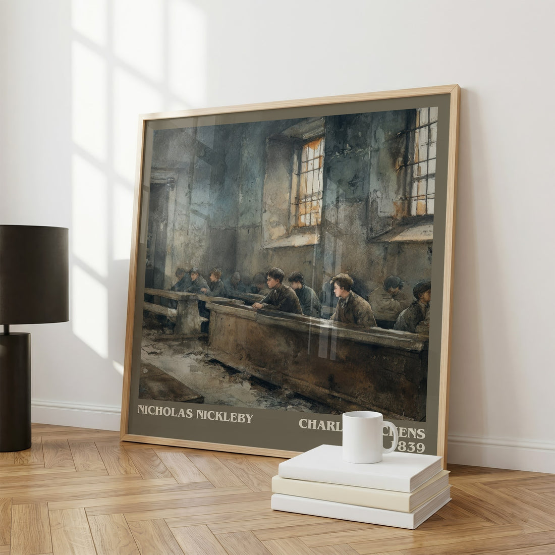 Nicholas Nickleby Literary Art Print by Charles Dickens – large square framed print leaning against a wall