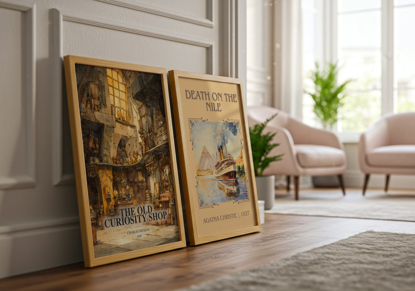 The Old Curiosity Shop watercolour print framed by window – literary home decor