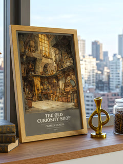 The Old Curiosity Shop Book Cover Poster by Charles Dickens – framed print on a city-view windowsill