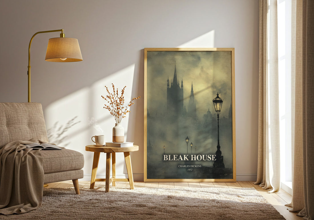 Bleak House watercolour print in frame leaning in hallway – classic literature wall art (mockup)