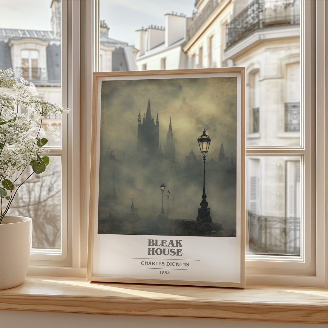 Bleak House Book Cover Poster by Charles Dickens – framed print by a bright window