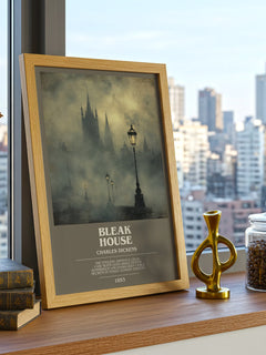 Bleak House Bookish Wall Art by Charles Dickens – framed print on a city-view windowsill