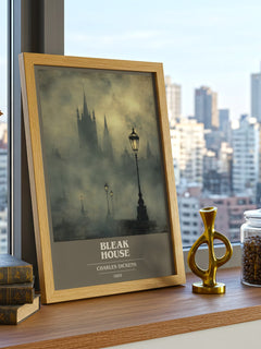 Bleak House Book Cover Poster by Charles Dickens – framed print on a city-view windowsill