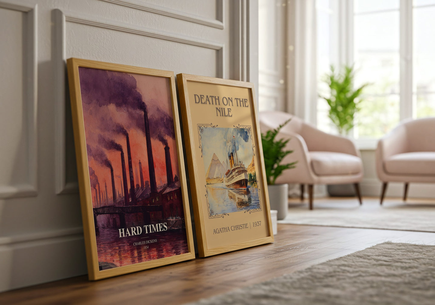 Hard Times watercolour print framed by window – literary home decor