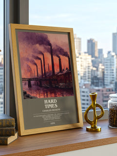 Hard Times Bookish Wall Art by Charles Dickens – framed print on a city-view windowsill