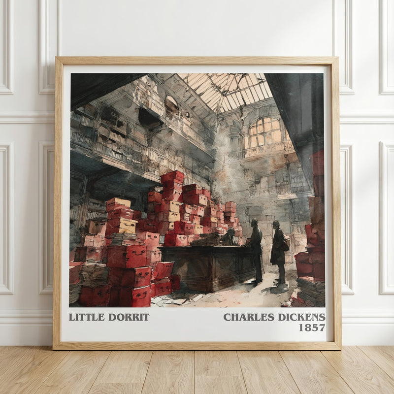 Little Dorritt literary print in frame leaning in hallway – classic literature wall art
