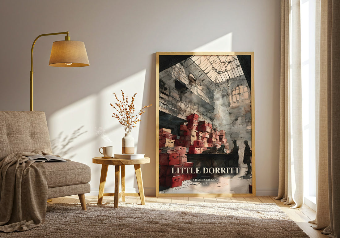 Little Dorritt watercolour print in frame leaning in hallway – classic literature wall art (mockup)