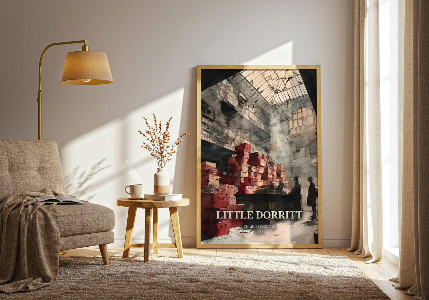 Little Dorritt watercolour print in frame leaning in hallway – classic literature wall art
