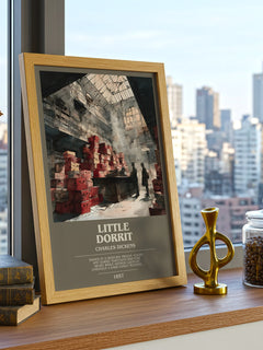 Little Dorrit Bookish Wall Art by Charles Dickens – framed print on a city-view windowsill
