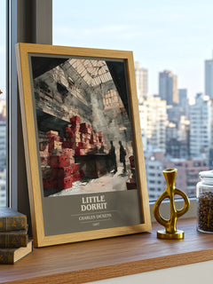 Little Dorrit Book Cover Poster by Charles Dickens – framed print on a city-view windowsill