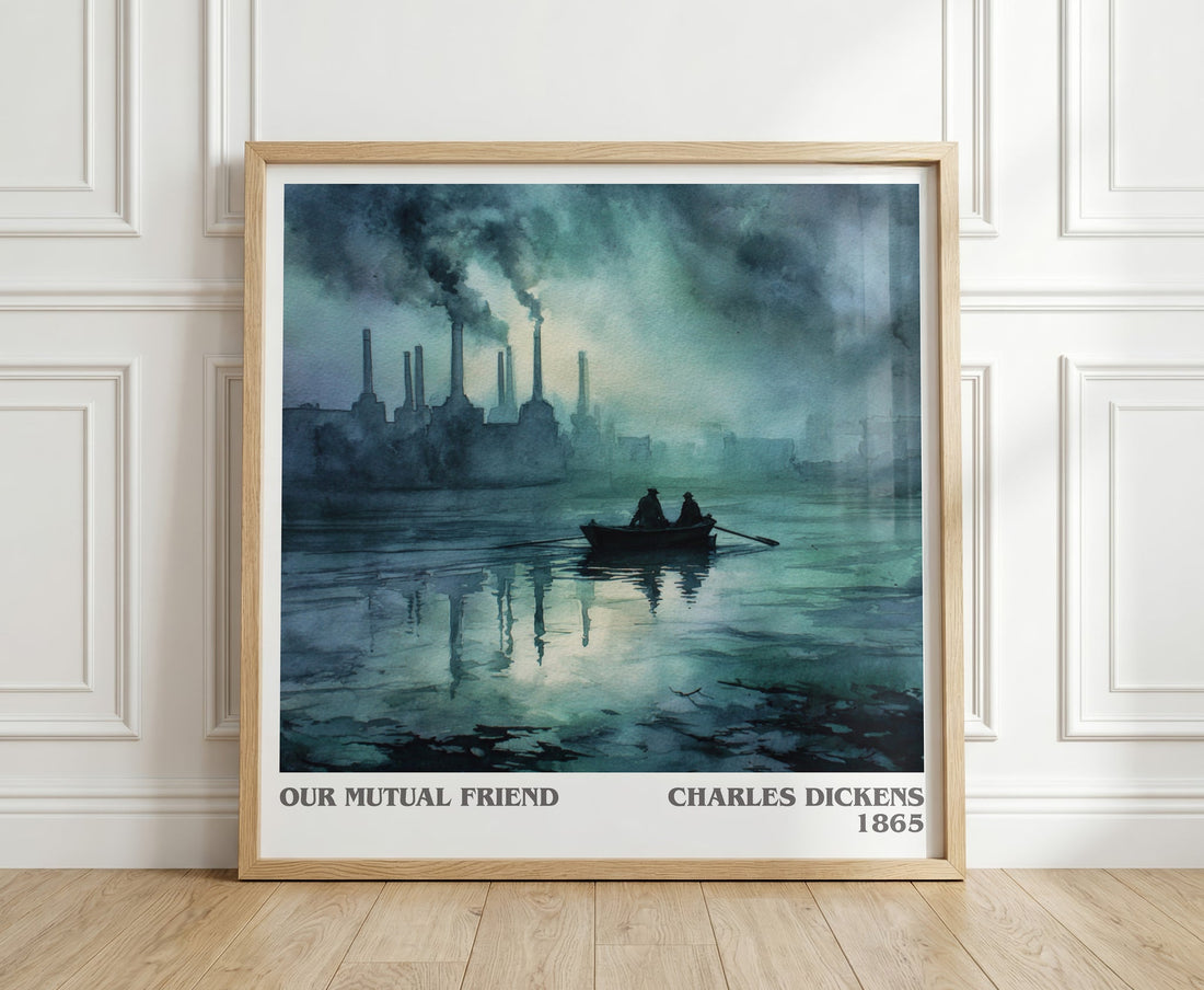 Our Mutual Friend literary print in frame leaning in hallway – classic literature wall art (mockup)