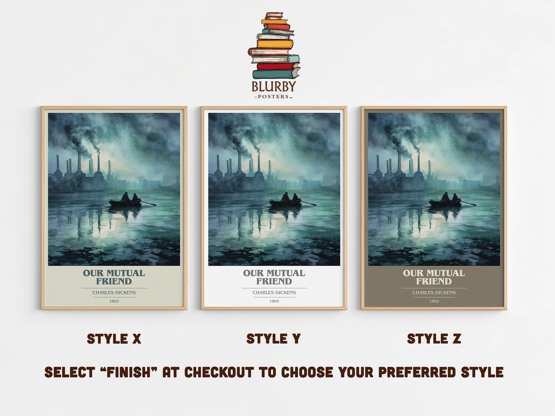 Our Mutual Friend book cover print in frame leaning in hallway – classic literature wall art (mockup)