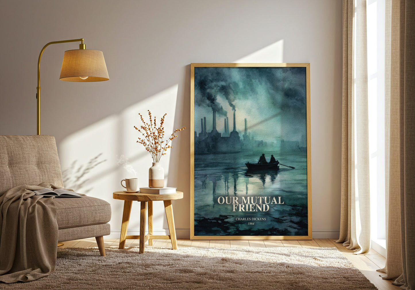 Our Mutual Friend watercolour print in frame leaning in hallway – classic literature wall art