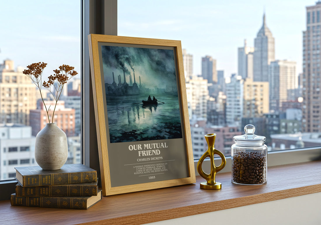Our Mutual Friend Bookish Wall Art by Charles Dickens – framed print on a city-view windowsill