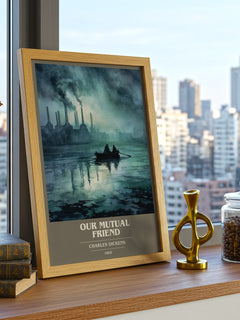 Our Mutual Friend Book Cover Poster by Charles Dickens – framed print on a city-view windowsill