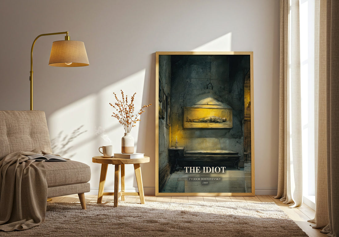 The Idiot watercolour print in frame leaning in hallway – classic literature wall art (mockup)